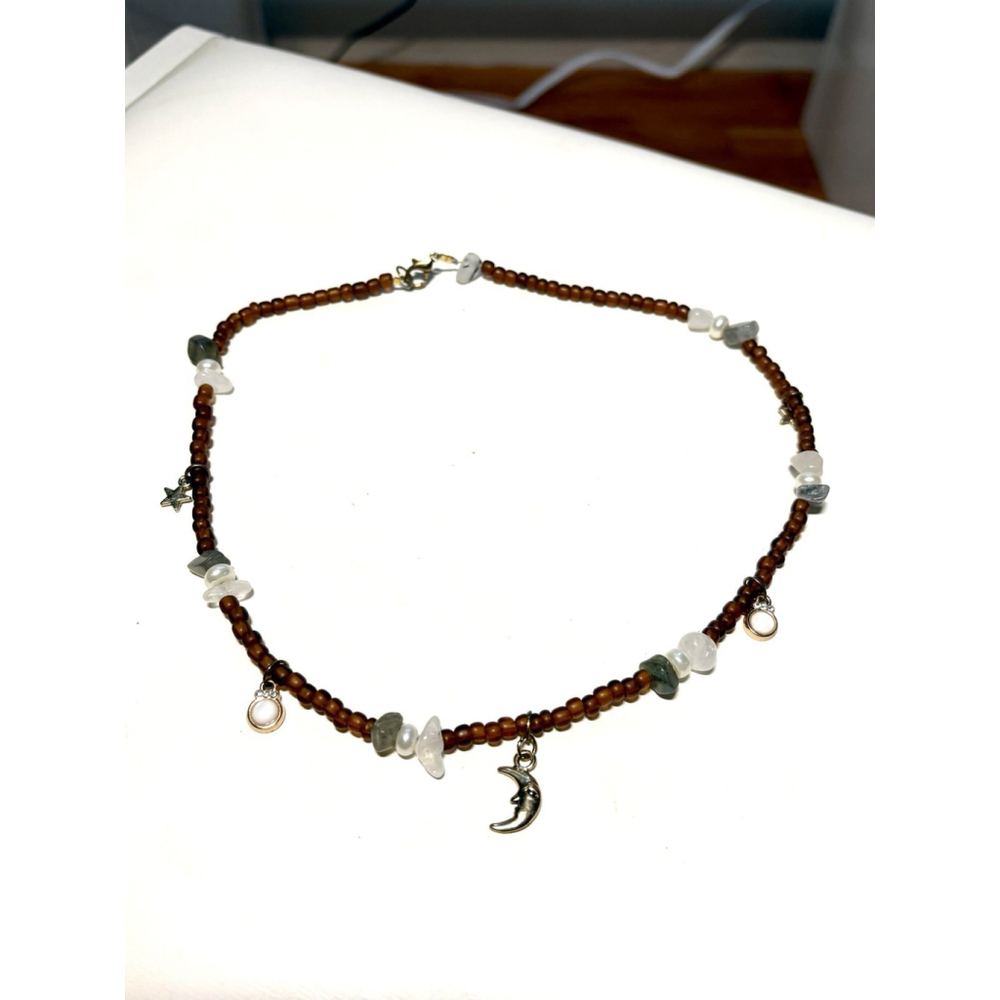 Handmade Celestial Beaded Necklace with Quartz, Opalite & Charm Accents